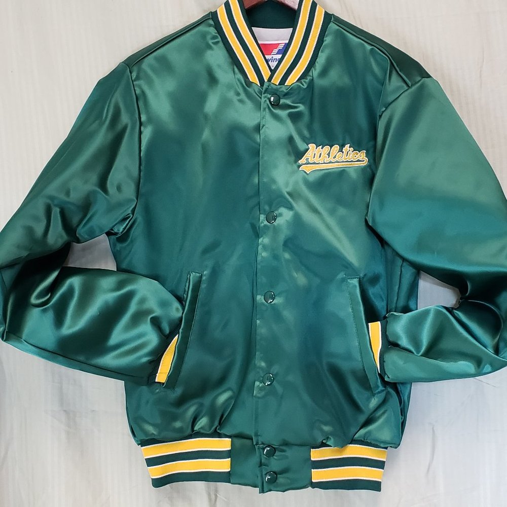 Size S Long Sleeve Oakland Athletic Satin Green w Yellow "Athletic" Embroidered.
